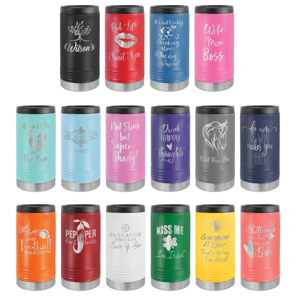 Personalized laser engraved slim can coolers in multiple colors